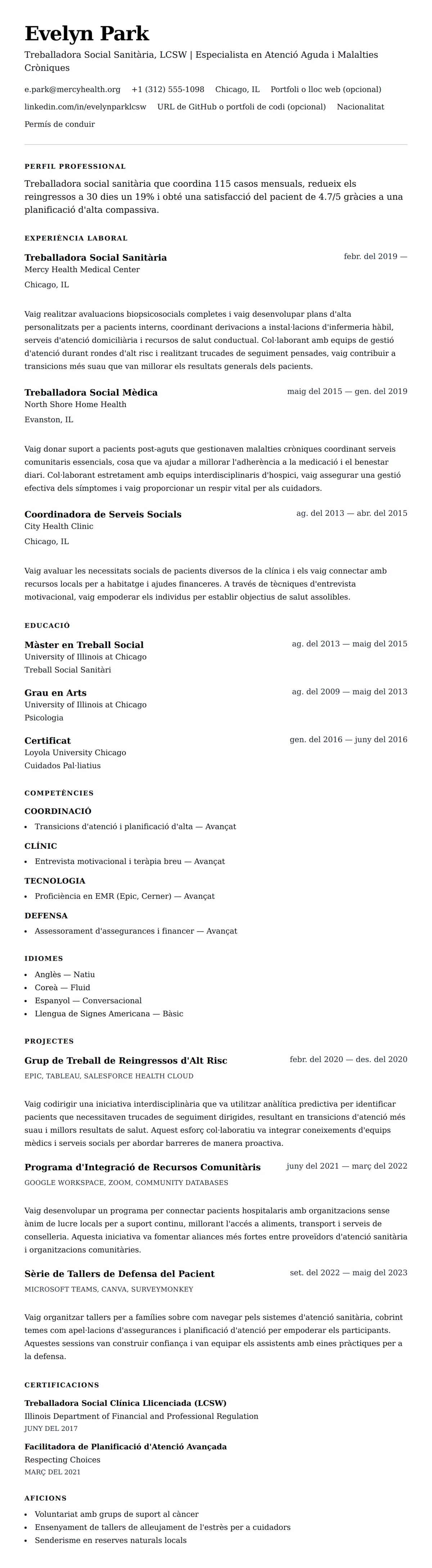 Previsualització del currículum per a Exemple de Currículum de Treballadora Social Sanitària