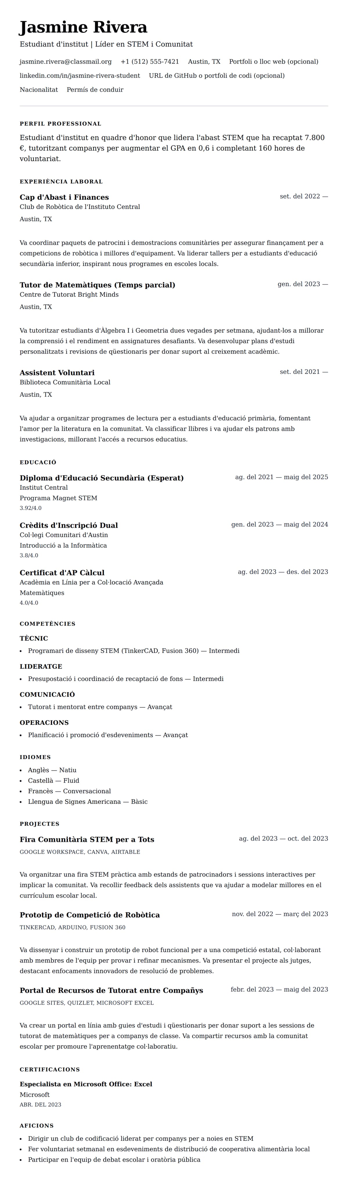 Previsualització del currículum per a Exemple de currículum d'estudiant d'institut