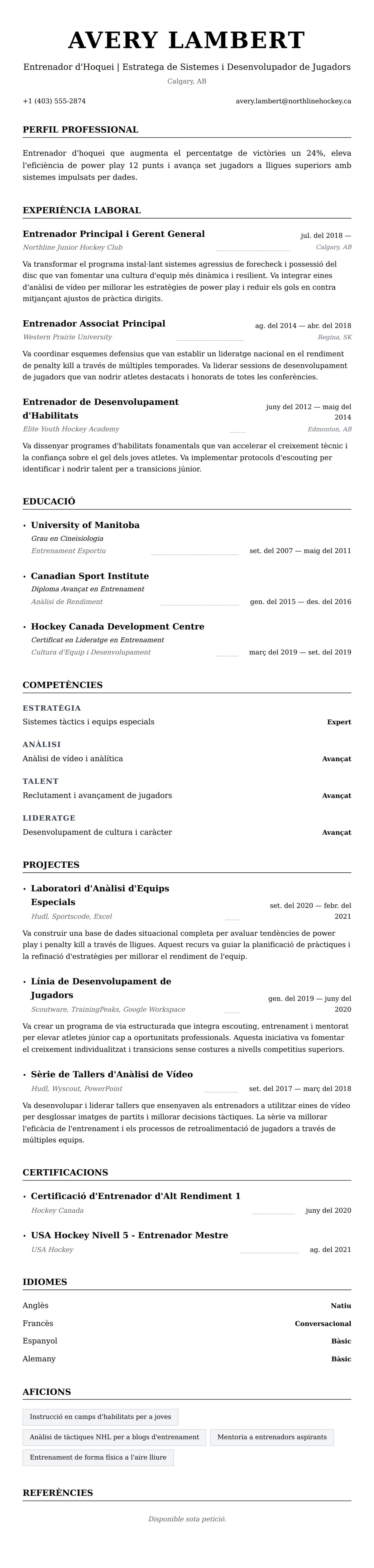 Previsualització del currículum per a Exemple de Currículum d'Entrenador d'Hoquei