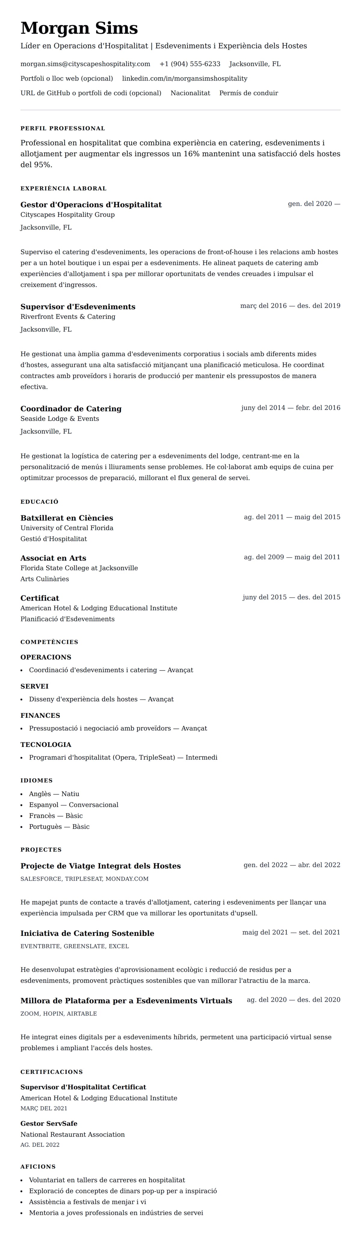 Previsualització del currículum per a Exemple de Currículum de Professional en Hospitalitat i Catering