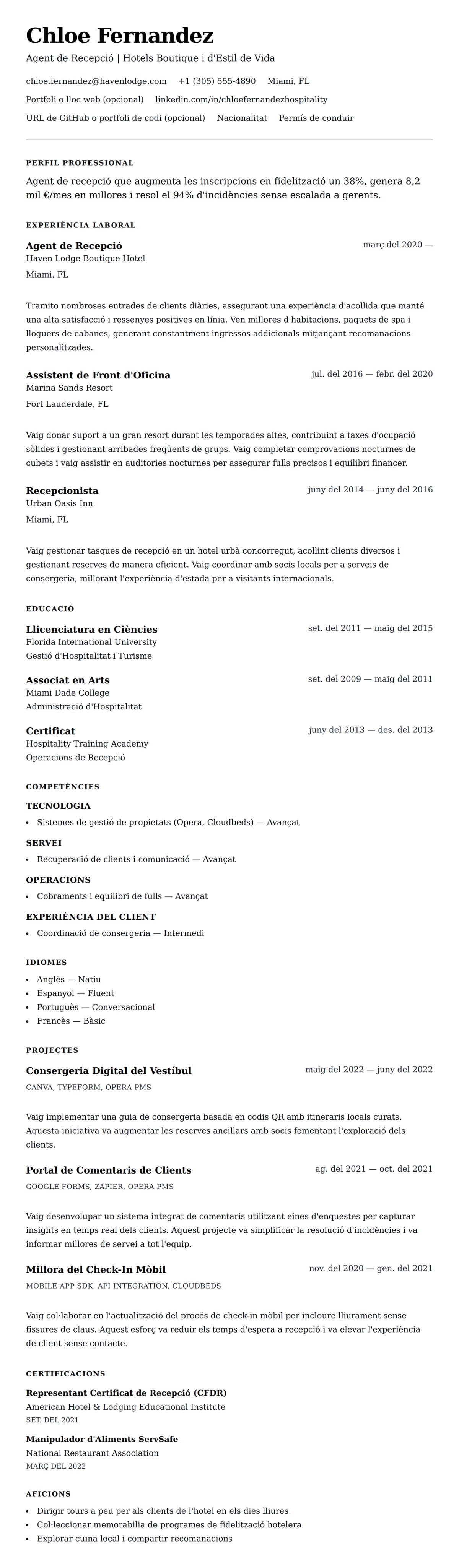 Previsualització del currículum per a Exemple de Currículum de Recepcionista d'Hotel