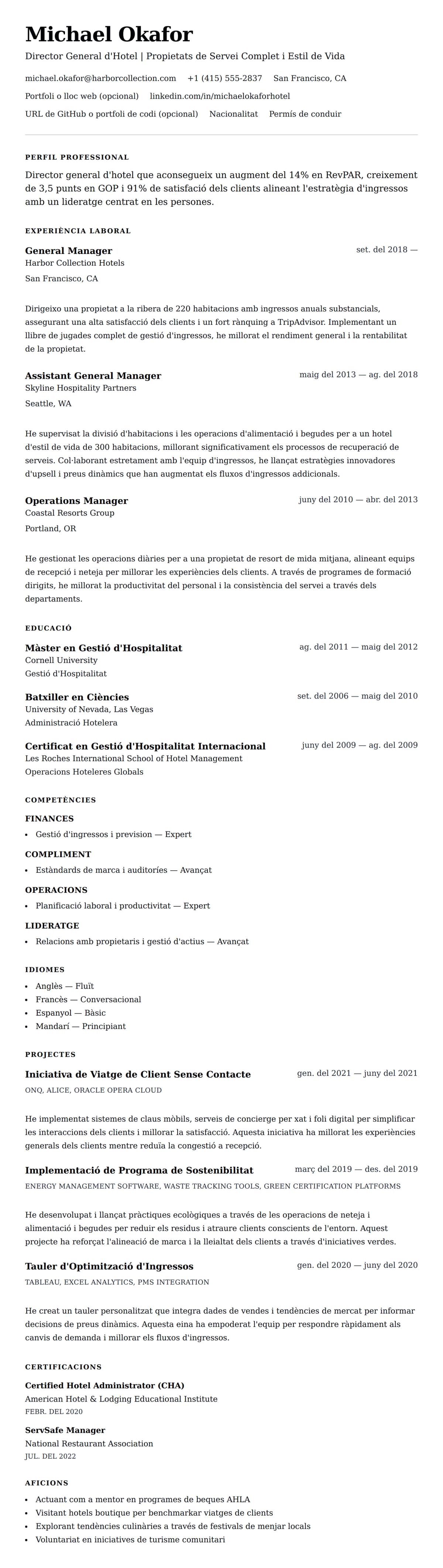 Previsualització del currículum per a Exemple de Currículum de Gestió Hotelera