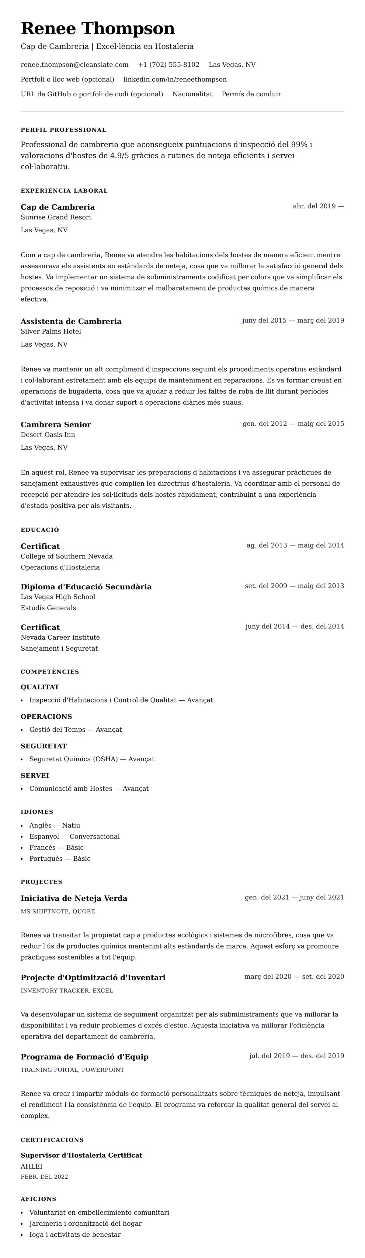 Previsualització del currículum per a Exemple de Currículum de Cambreria