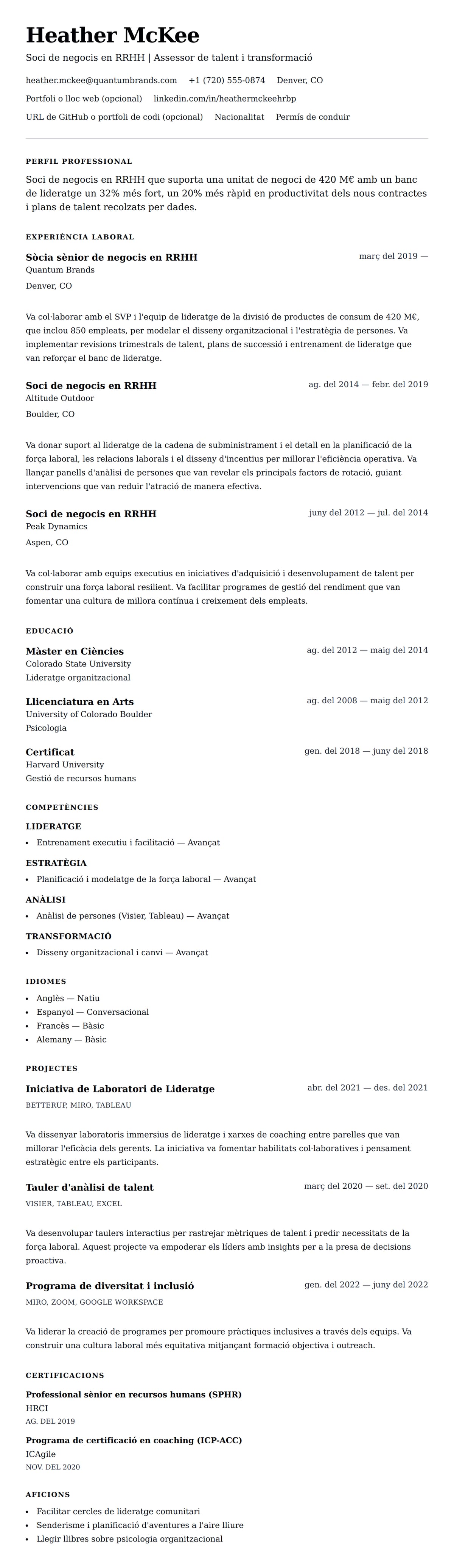 Previsualització del currículum per a Exemple de currículum de soci de negocis en recursos humans