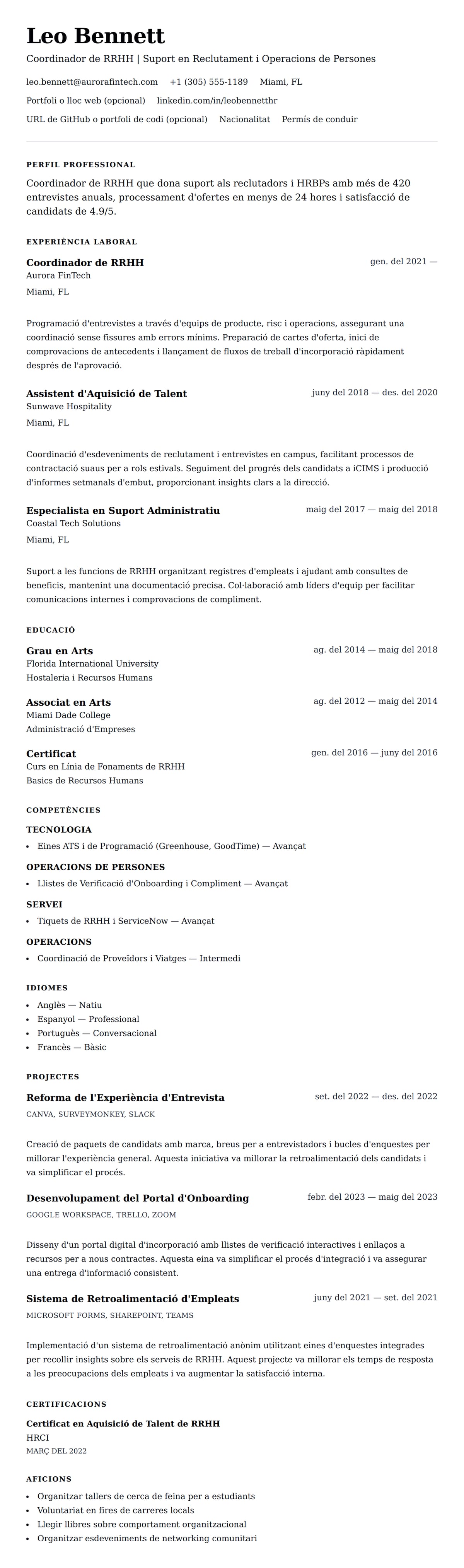 Previsualització del currículum per a Exemple de Currículum de Coordinador de Recursos Humans