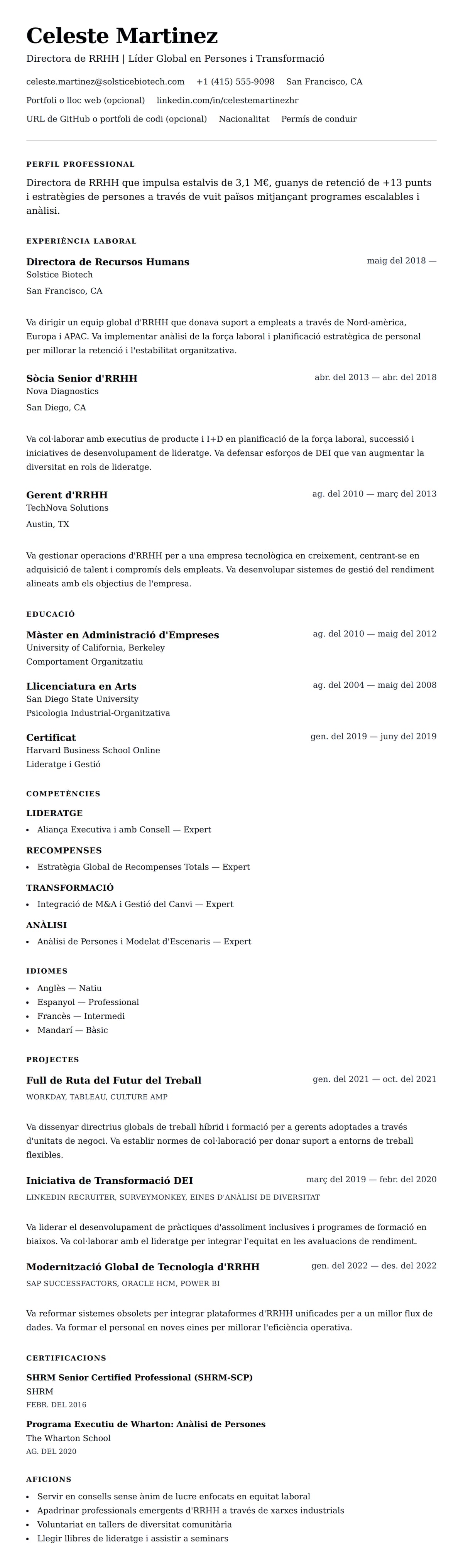 Previsualització del currículum per a Exemple de Currículum de Director de Recursos Humans