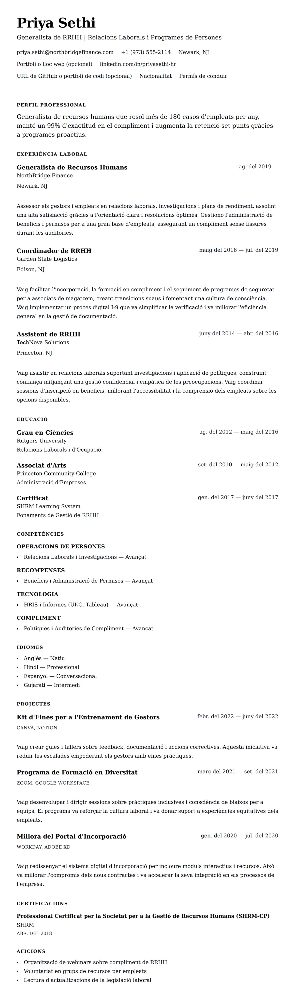 Previsualització del currículum per a Exemple de Currículum de Generalista de Recursos Humans