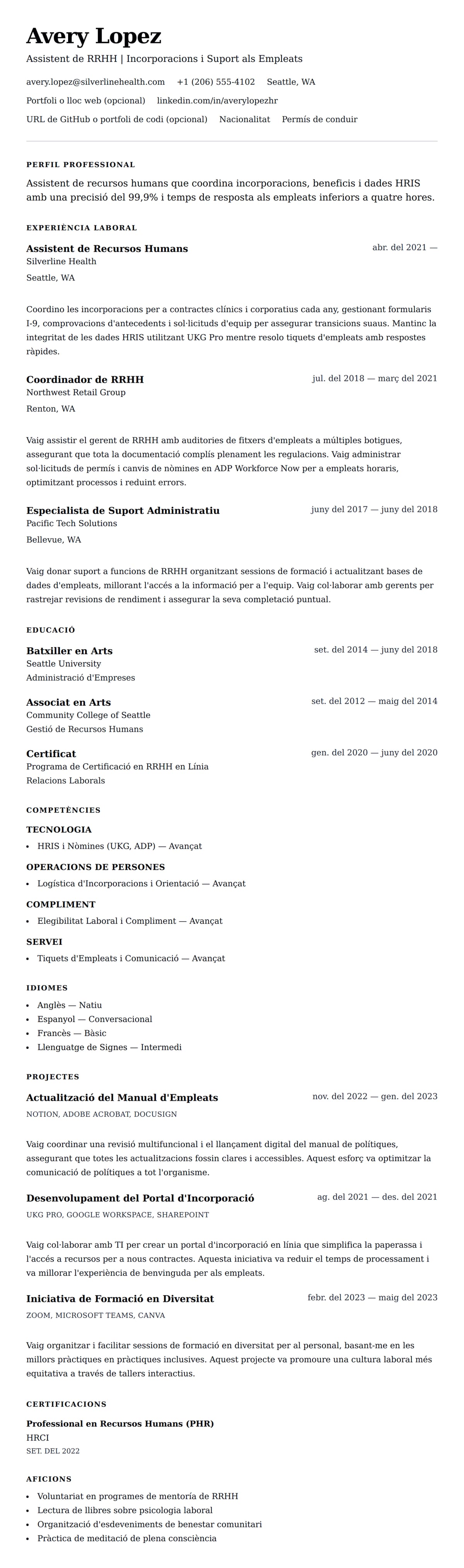 Previsualització del currículum per a Exemple de Currículum d'Assistent de Recursos Humans