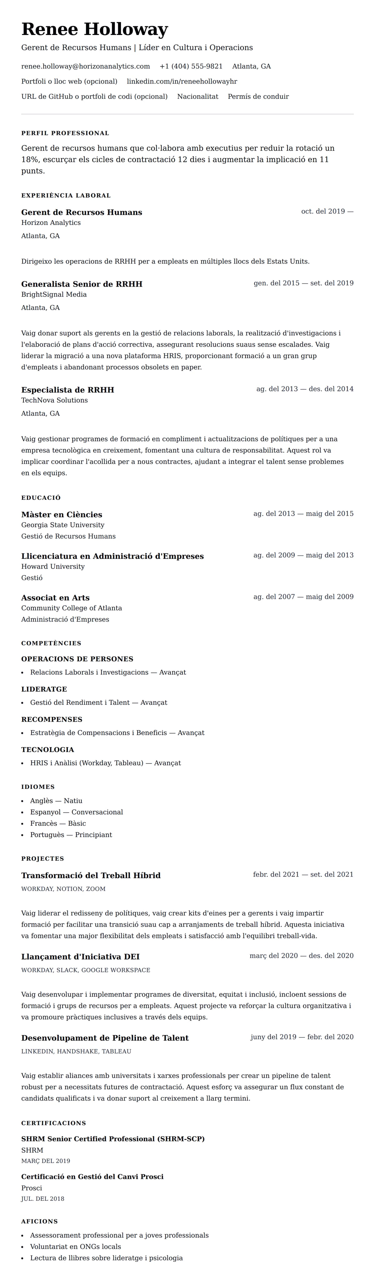 Previsualització del currículum per a Exemple de Currículum de Gerent de Recursos Humans