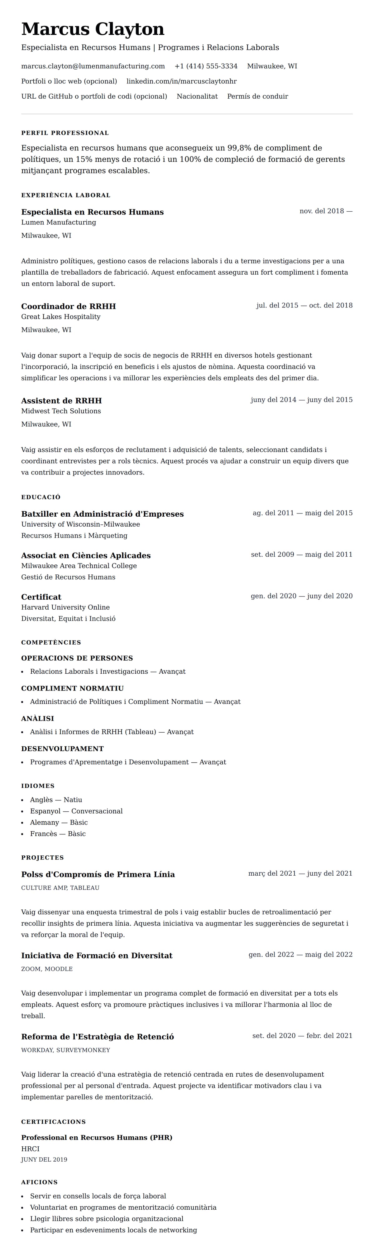 Previsualització del currículum per a Exemple de Currículum d'Especialista en Recursos Humans