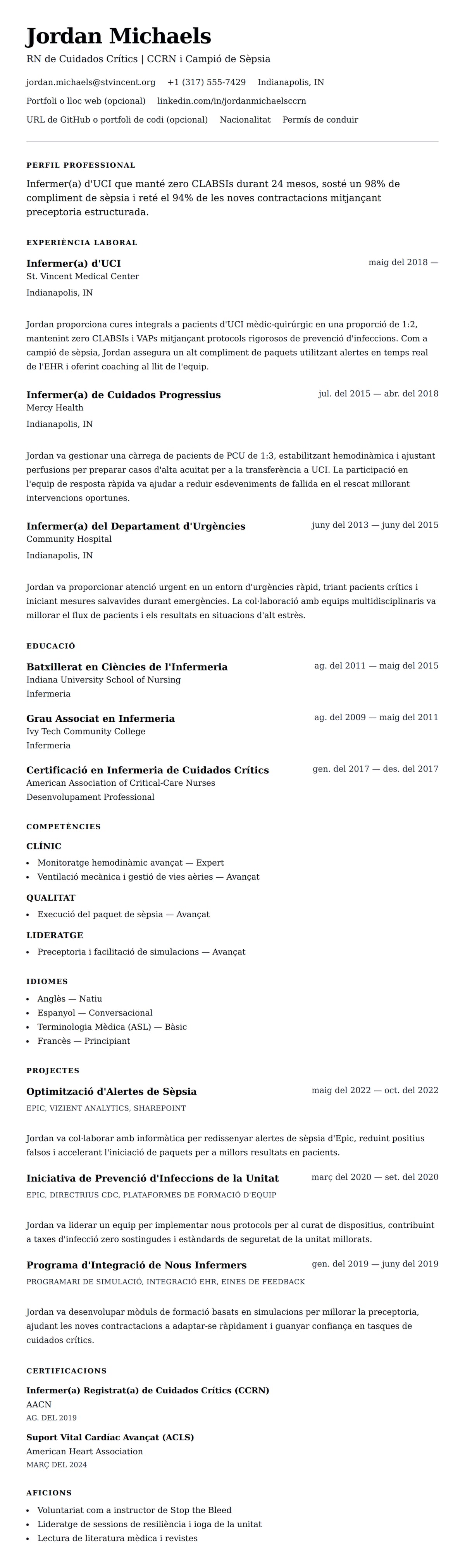 Previsualització del currículum per a Exemple de Currículum d'Infermer(a) d'UCI