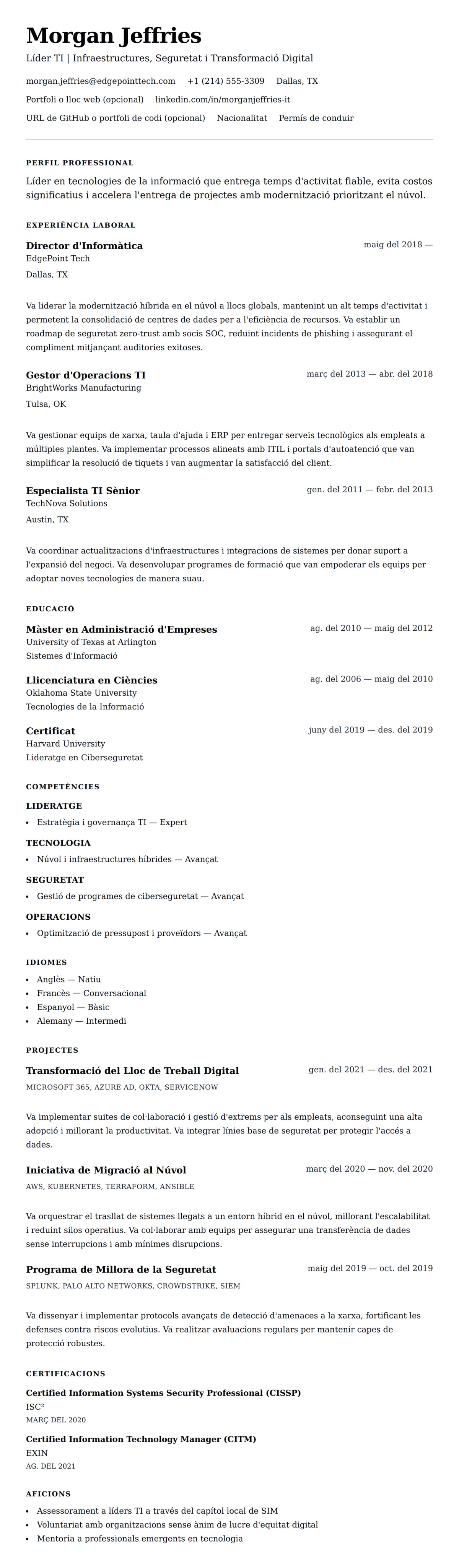 Previsualització del currículum per a Exemple de Currículum de Professional en Tecnologies de la Informació