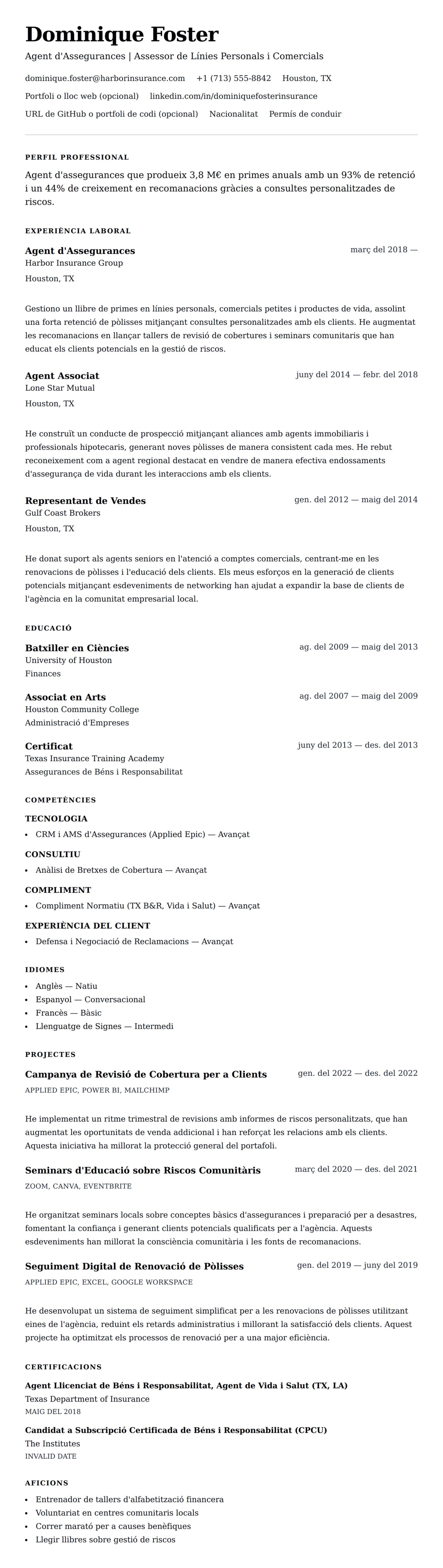 Previsualització del currículum per a Exemple de Currículum d'Agent d'Assegurances