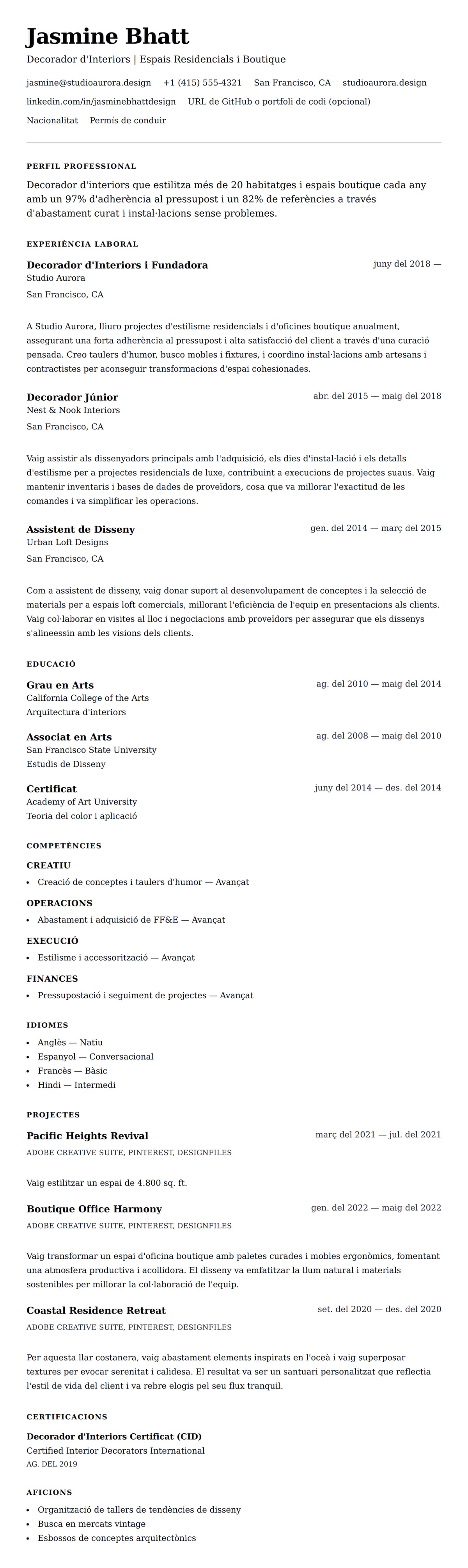 Previsualització del currículum per a Exemple de Currículum de Decorador d'Interiors