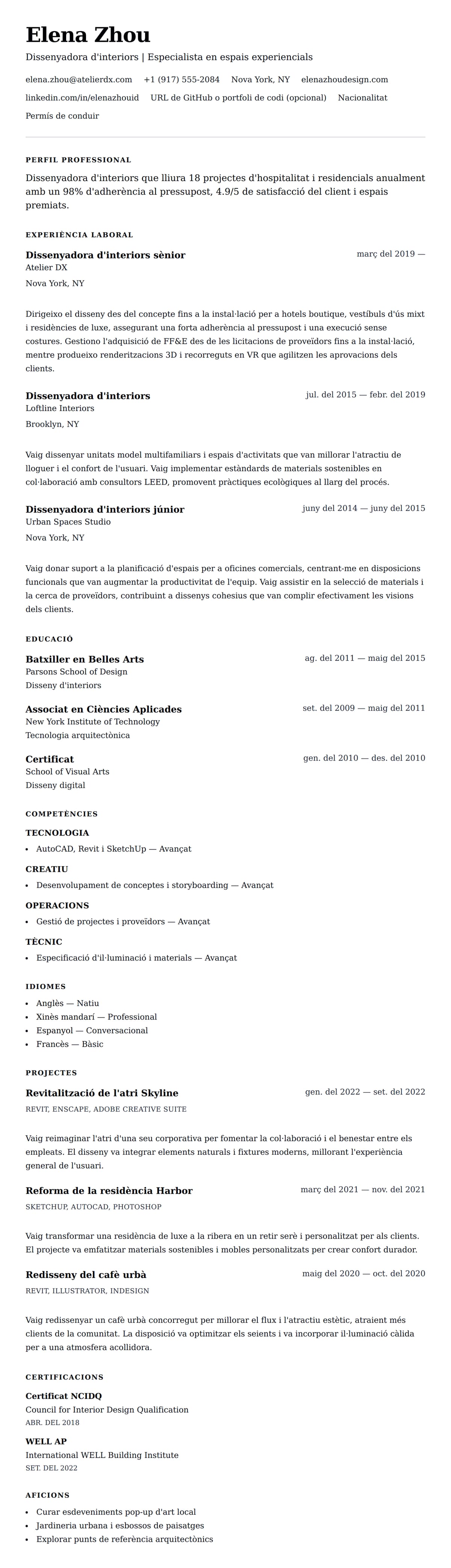 Previsualització del currículum per a Exemple de currículum de dissenyadora d'interiors