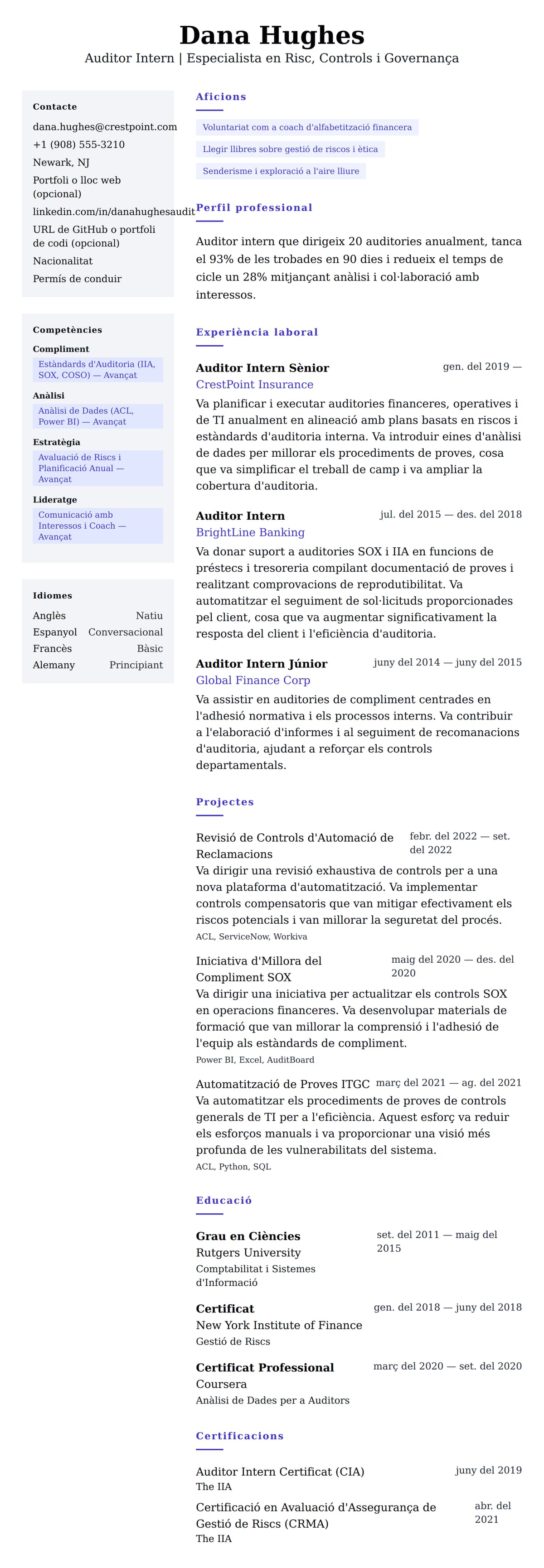 Previsualització del currículum per a Exemple de Currículum d'Auditor Intern