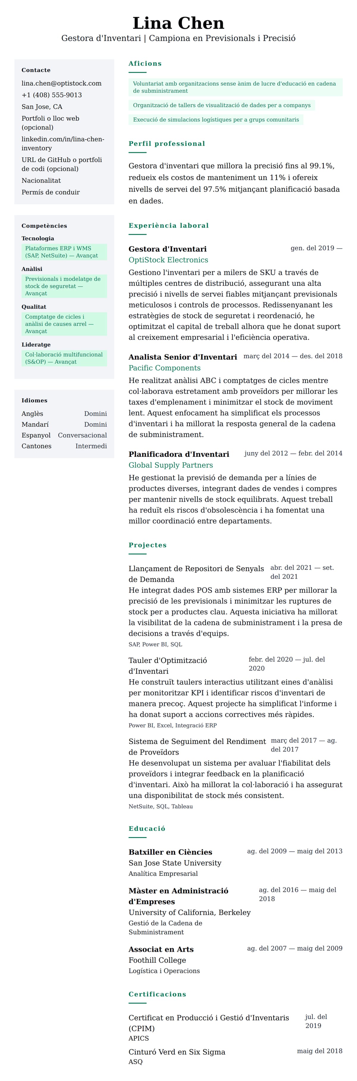 Previsualització del currículum per a Exemple de Currículum de Gestor d'Inventari