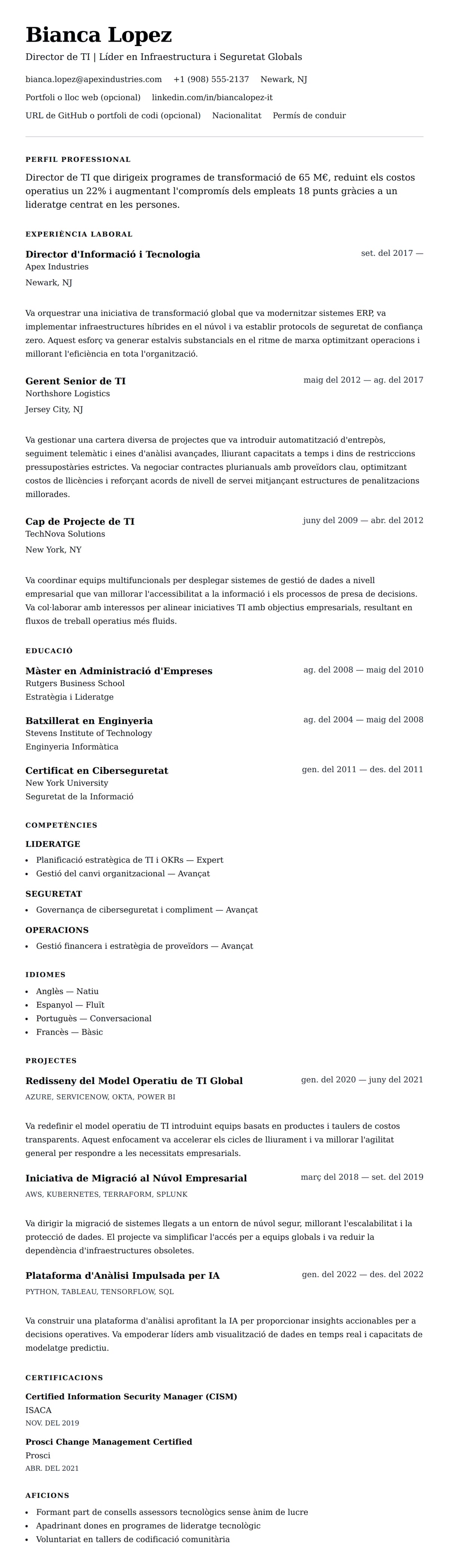 Previsualització del currículum per a Exemple de Currículum de Director de TI