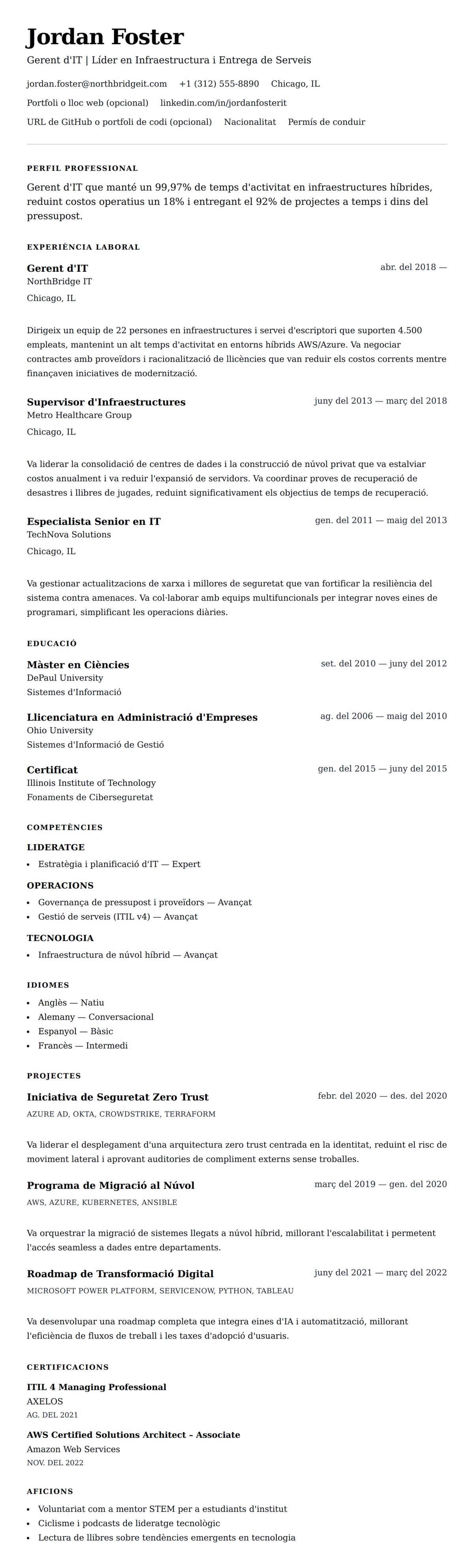 Previsualització del currículum per a Exemple de Currículum de Gerent d'IT