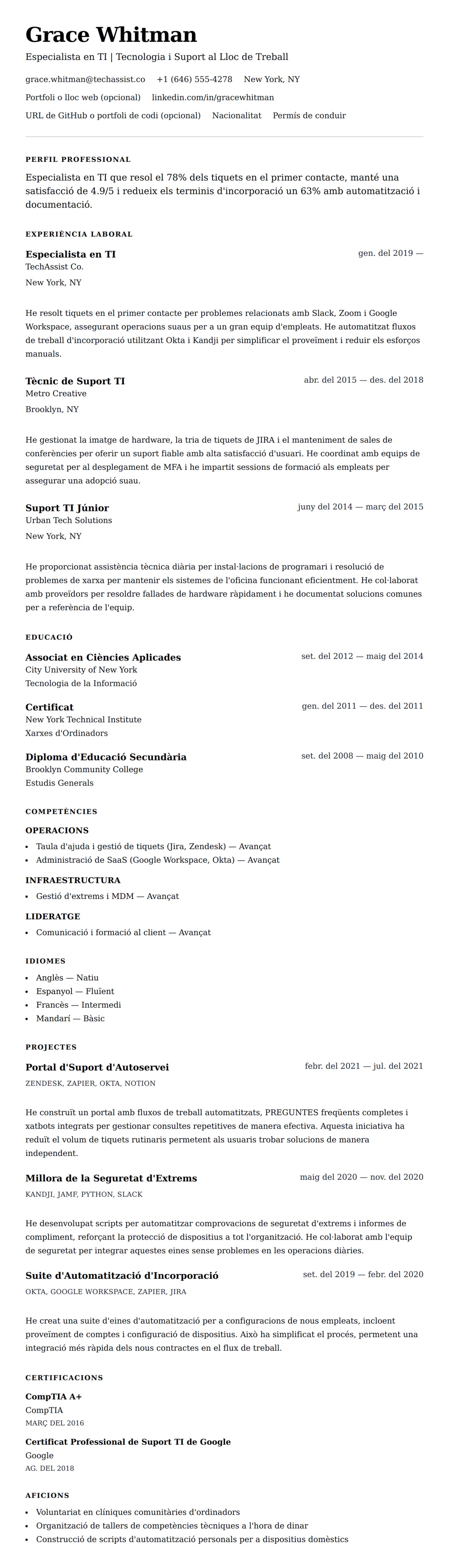 Previsualització del currículum per a Exemple de Currículum d'Especialista en TI