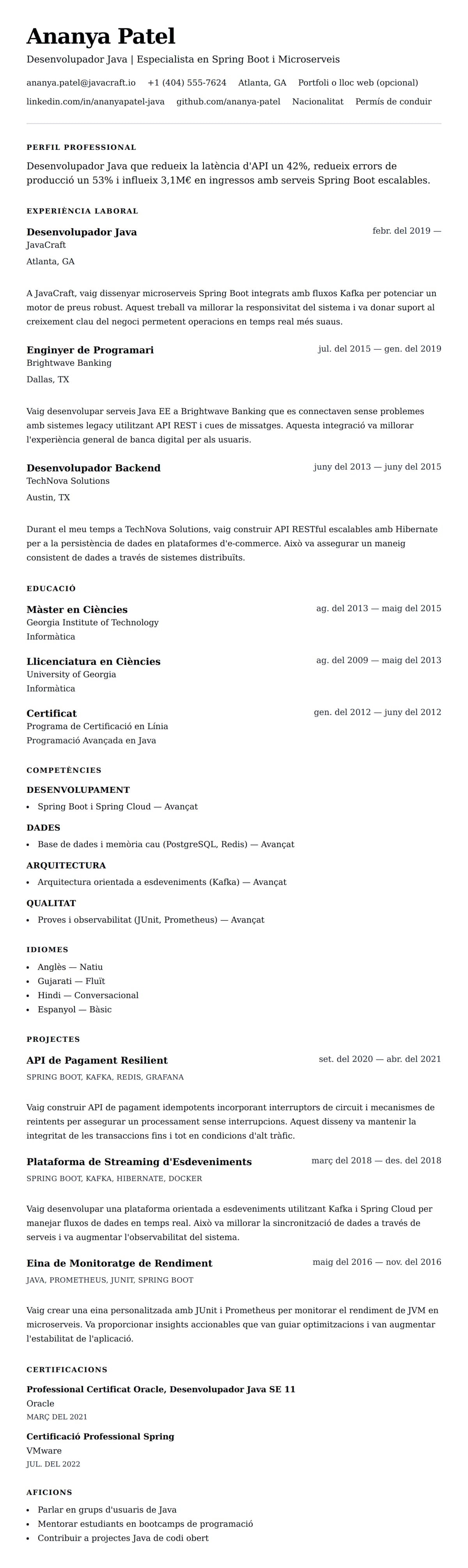 Previsualització del currículum per a Exemple de Currículum de Desenvolupador Java