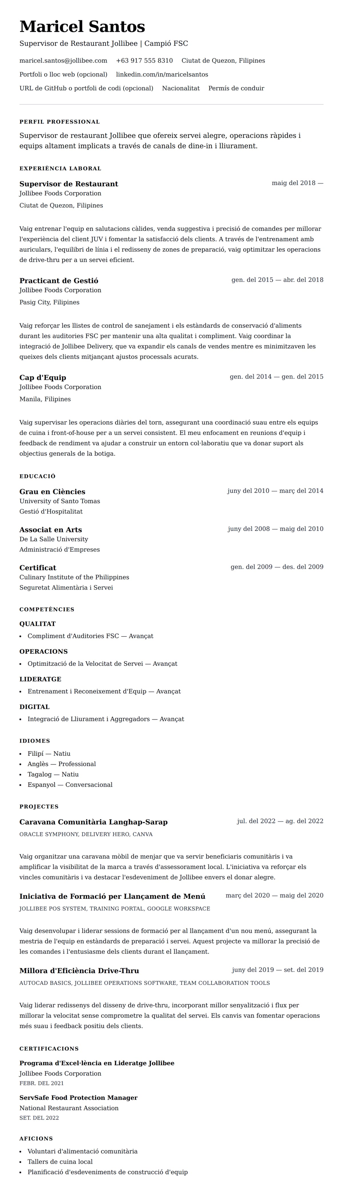 Previsualització del currículum per a Exemple de Currículum de Supervisor de Restaurant Jollibee