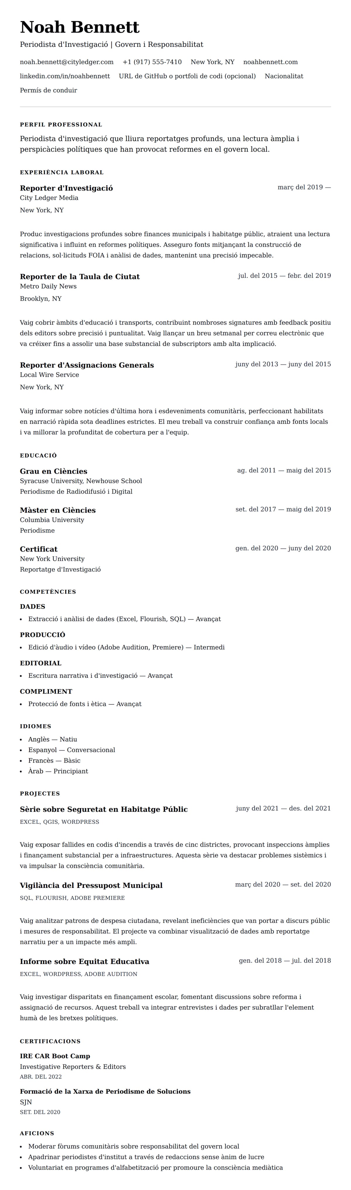 Previsualització del currículum per a Exemple de Currículum de Periodista