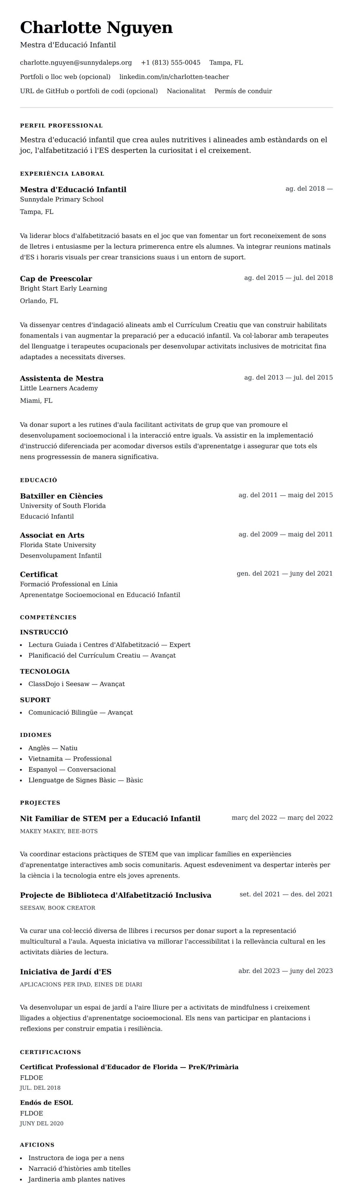 Previsualització del currículum per a Exemple de Currículum de Mestra d'Educació Infantil