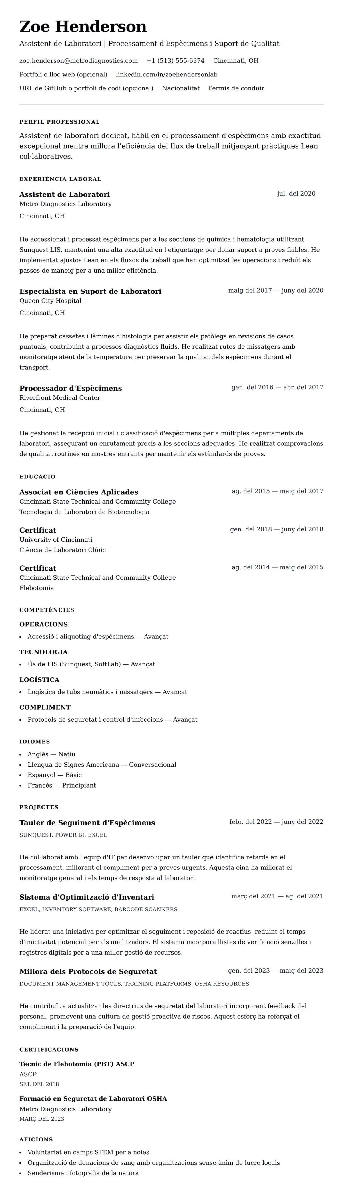 Previsualització del currículum per a Exemple de Currículum d'Assistent de Laboratori