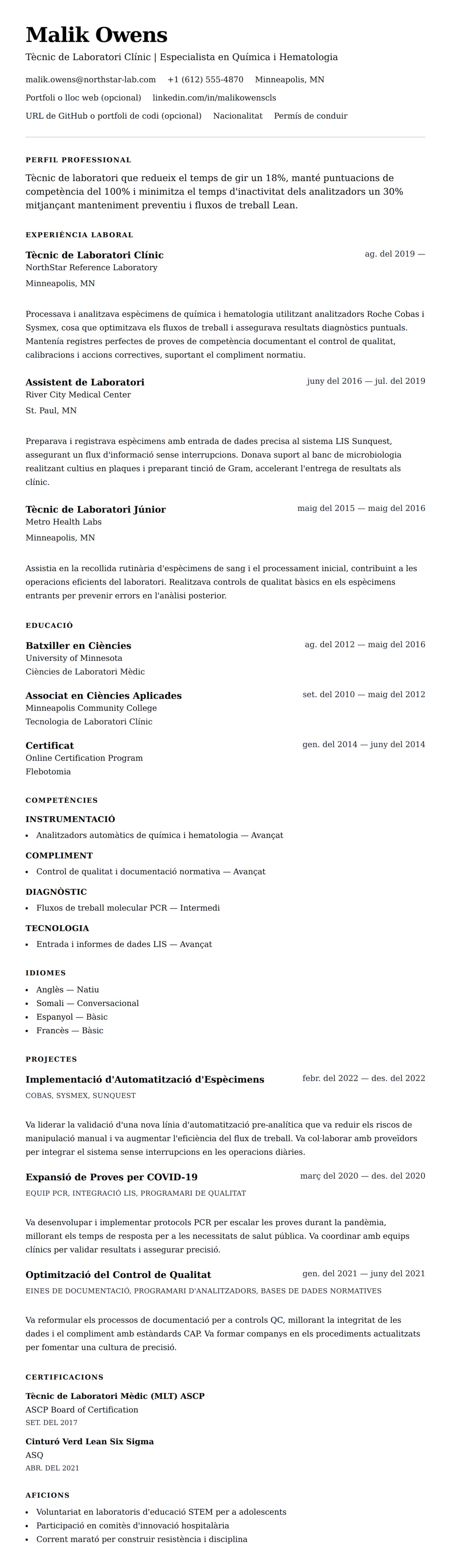 Previsualització del currículum per a Exemple de Currículum de Tècnic de Laboratori