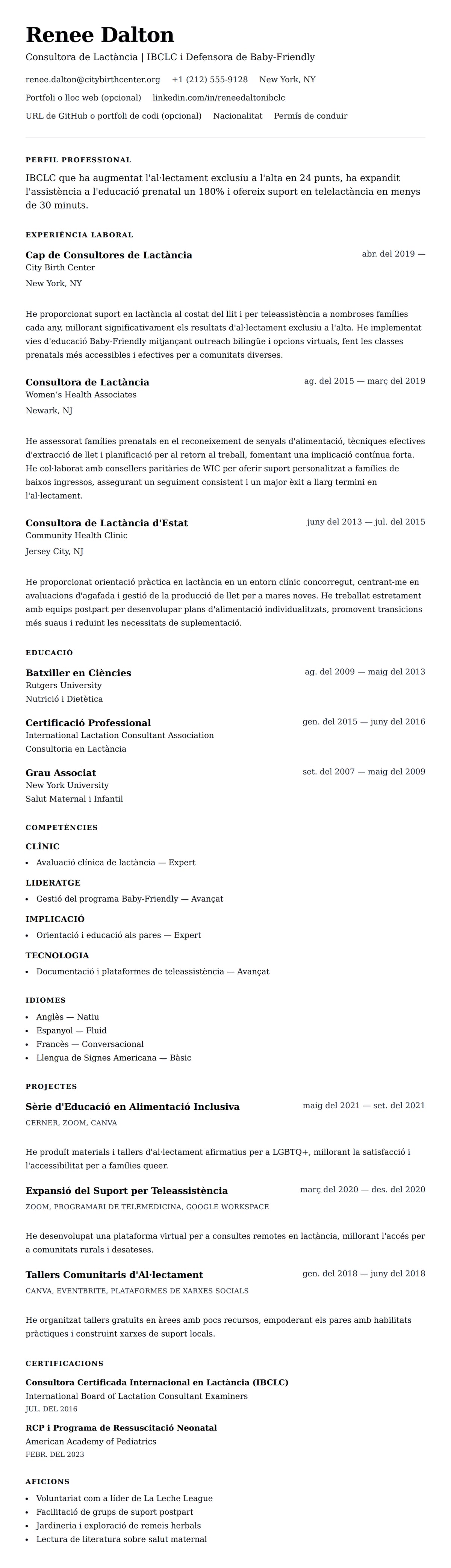 Previsualització del currículum per a Exemple de Currículum de Consultora de Lactància