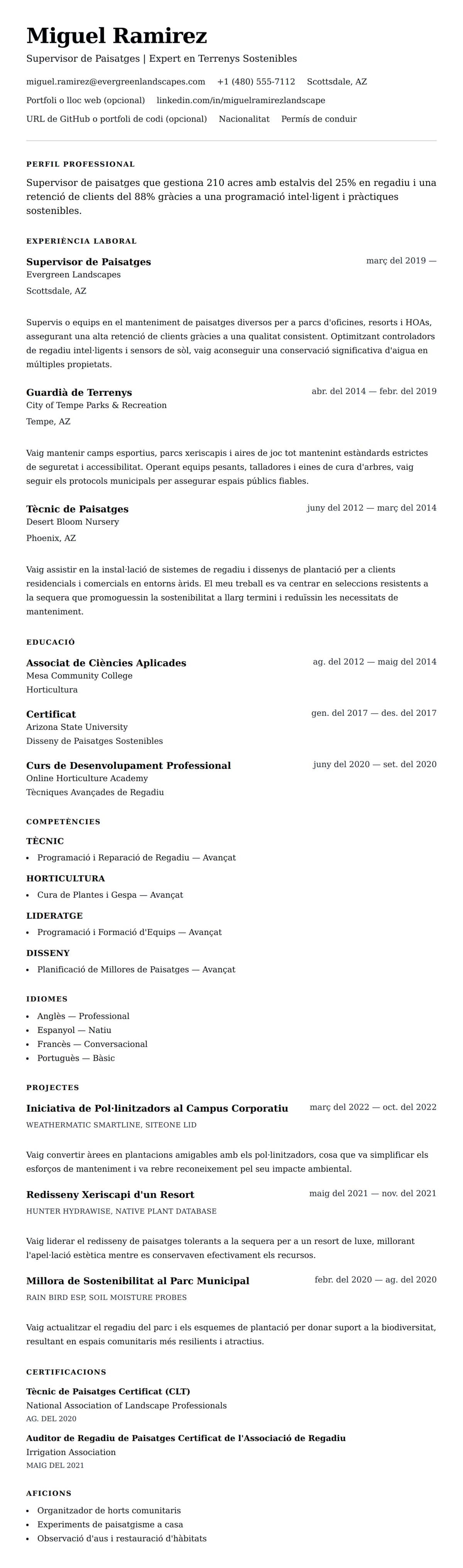 Previsualització del currículum per a Exemple de Currículum de Paisatgisme