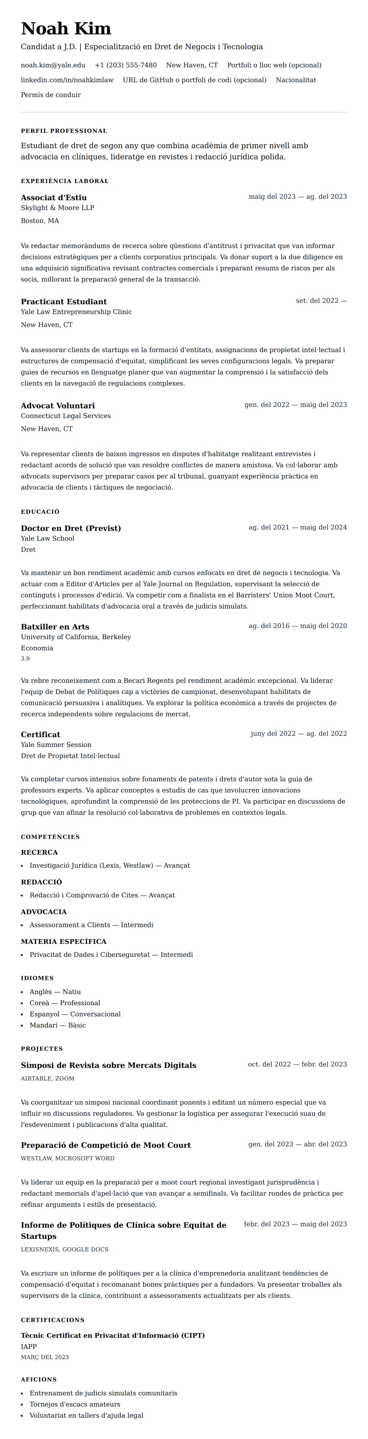 Previsualització del currículum per a Exemple de Currículum d'Estudiant de Dret