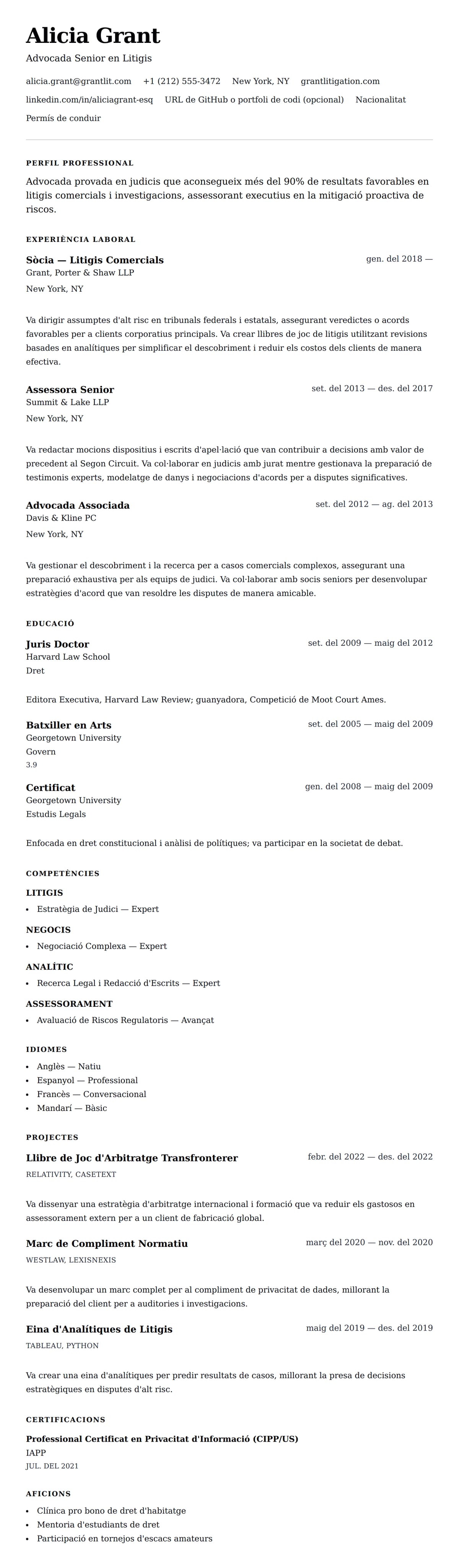 Previsualització del currículum per a Exemple de Currículum d'Advocat