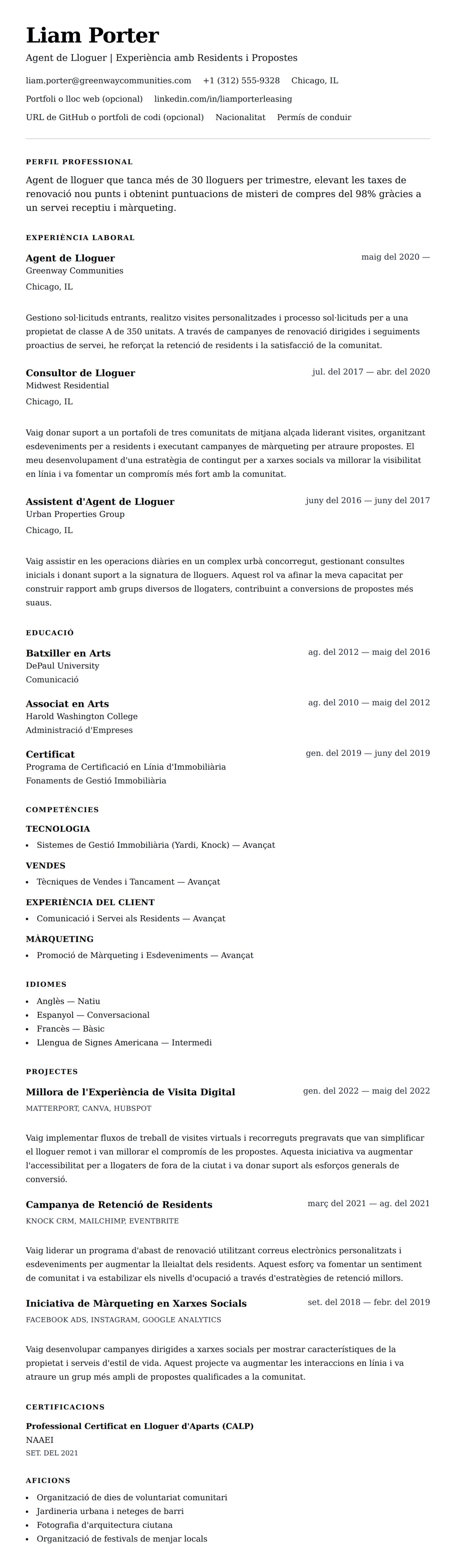 Previsualització del currículum per a Exemple de Currículum d'Agent de Lloguer