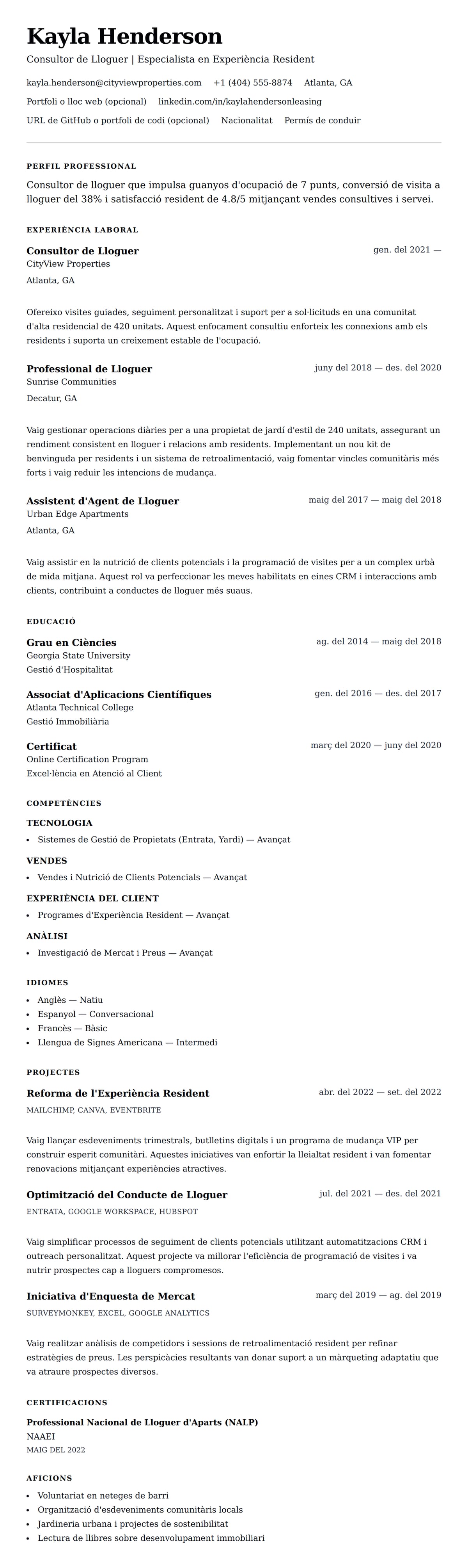 Previsualització del currículum per a Exemple de Currículum de Consultor de Lloguer