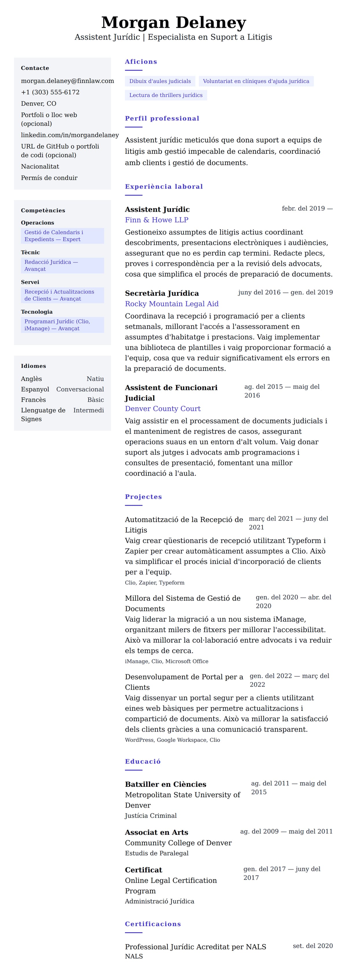 Previsualització del currículum per a Exemple de Currículum d'Assistent Jurídic