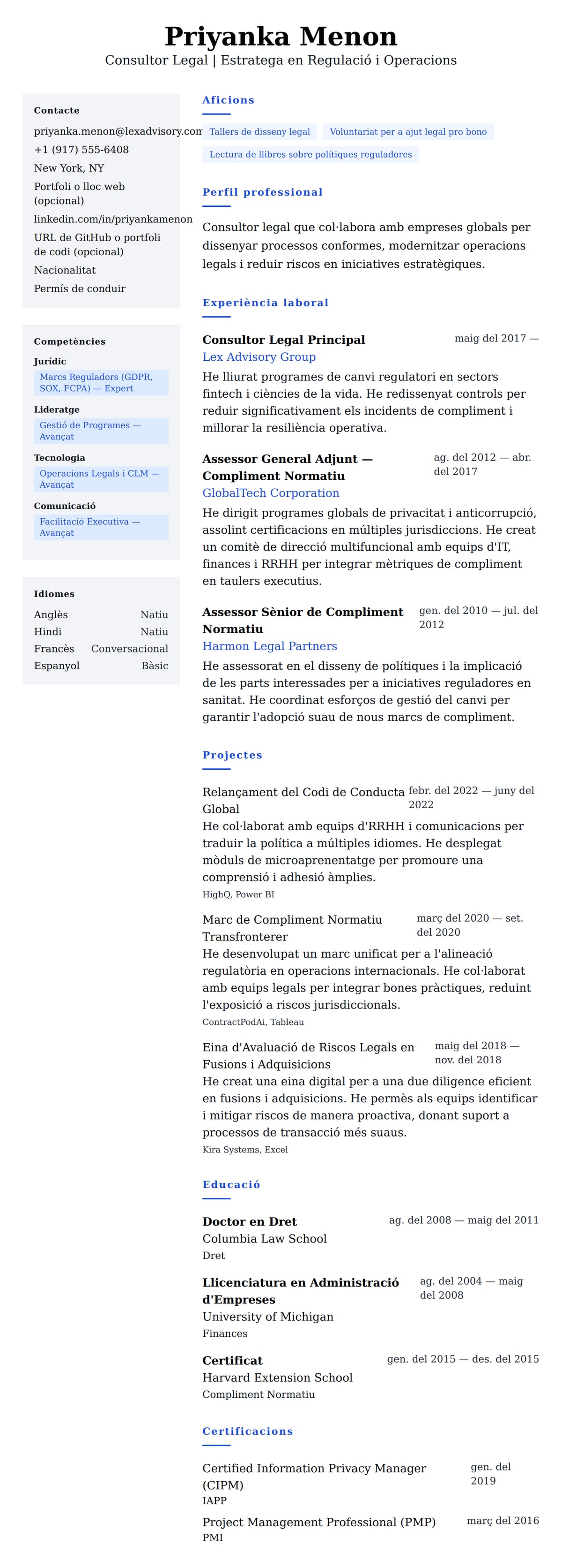Previsualització del currículum per a Exemple de Currículum de Consultor Legal