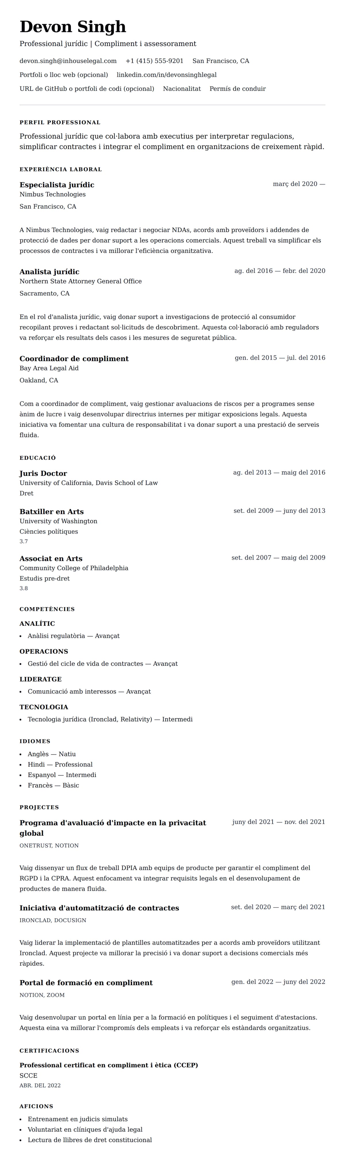 Previsualització del currículum per a Exemple de currículum de professional jurídic