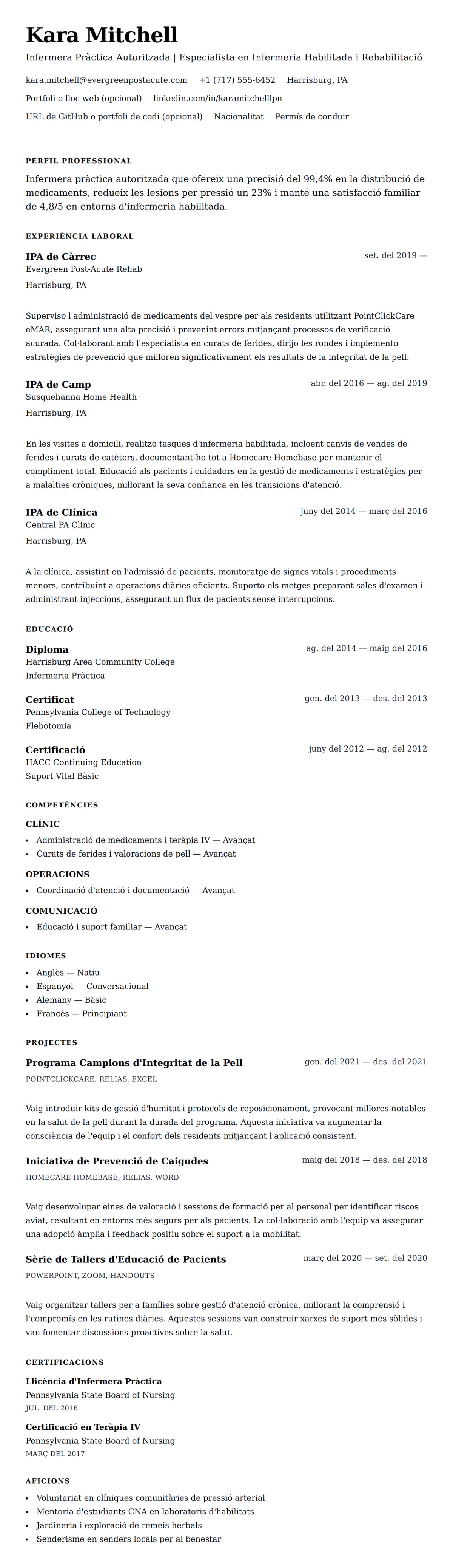Previsualització del currículum per a Exemple de Currículum d'Infermera Pràctica Autoritzada (IPA)