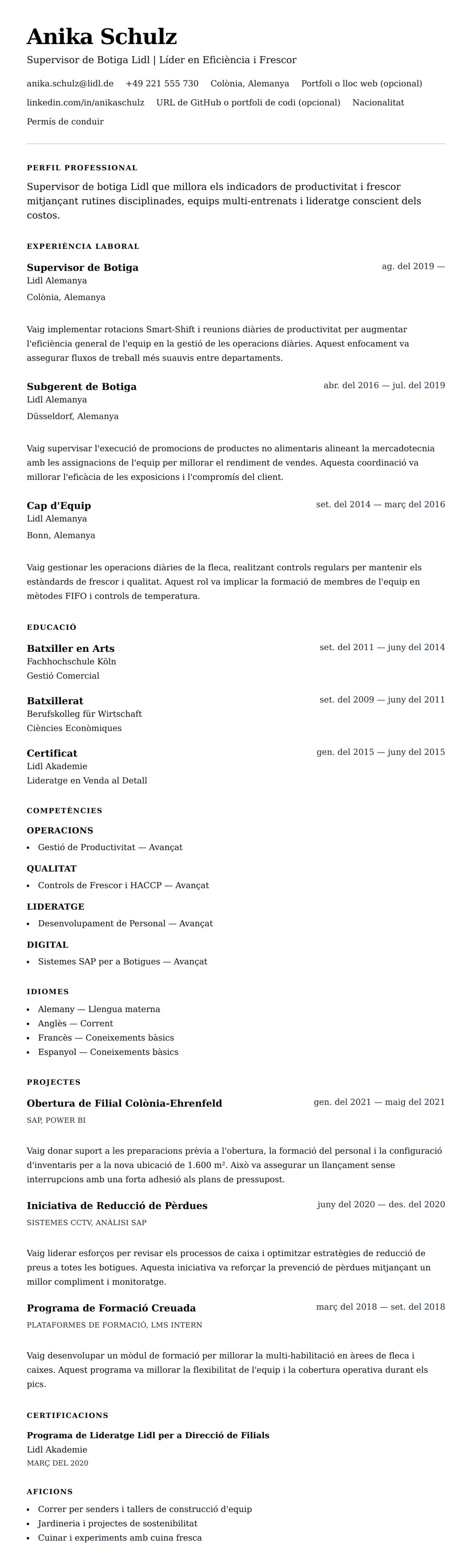 Previsualització del currículum per a Exemple de Currículum de Supervisor de Botiga Lidl