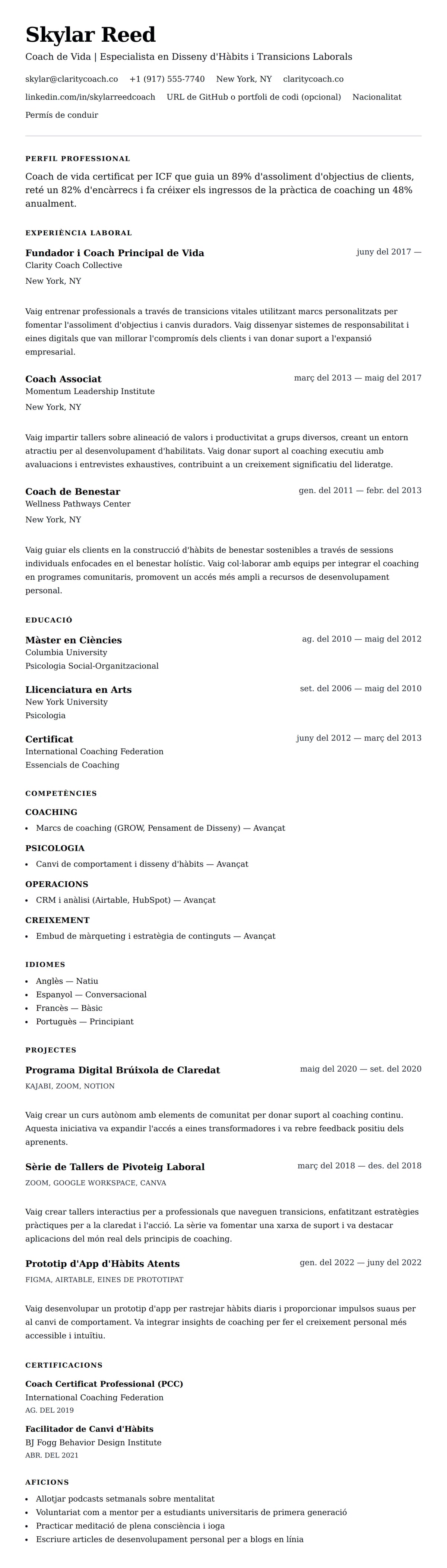 Previsualització del currículum per a Exemple de Currículum de Coach de Vida