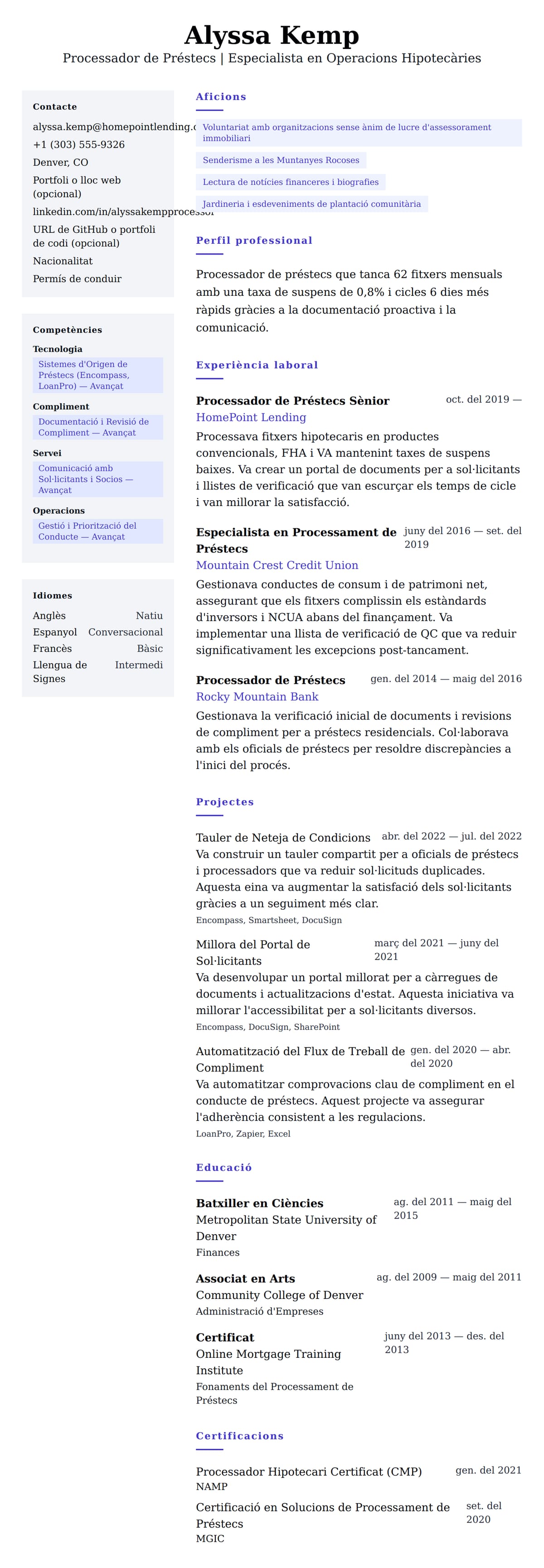 Previsualització del currículum per a Exemple de Currículum de Processador de Préstecs