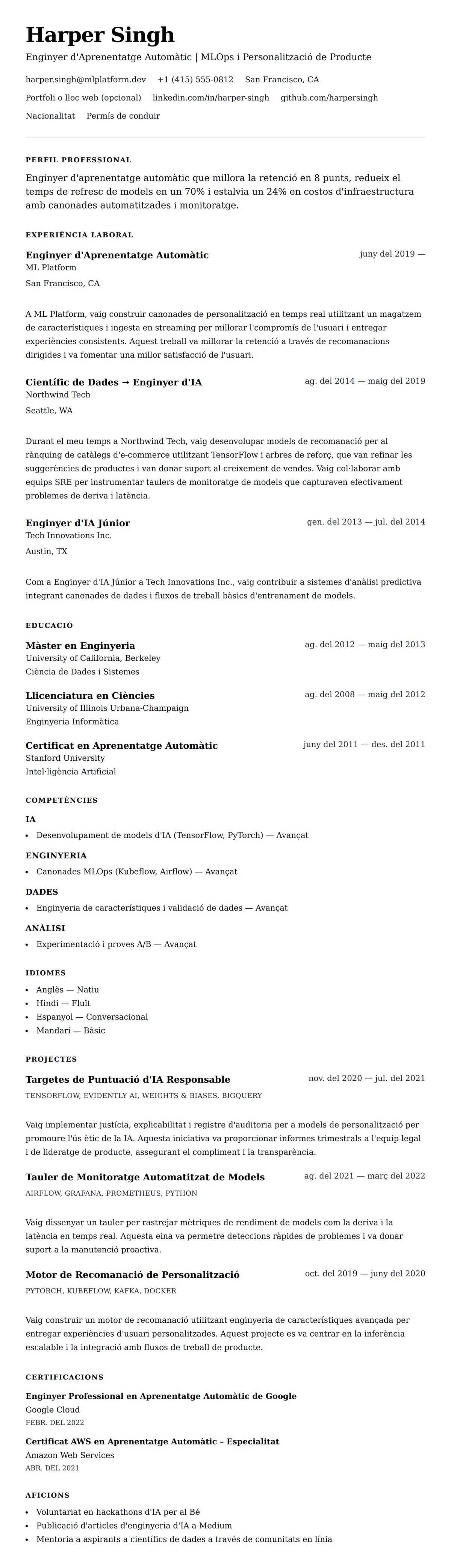 Previsualització del currículum per a Exemple de Currículum d'Enginyer d'Aprenentatge Automàtic