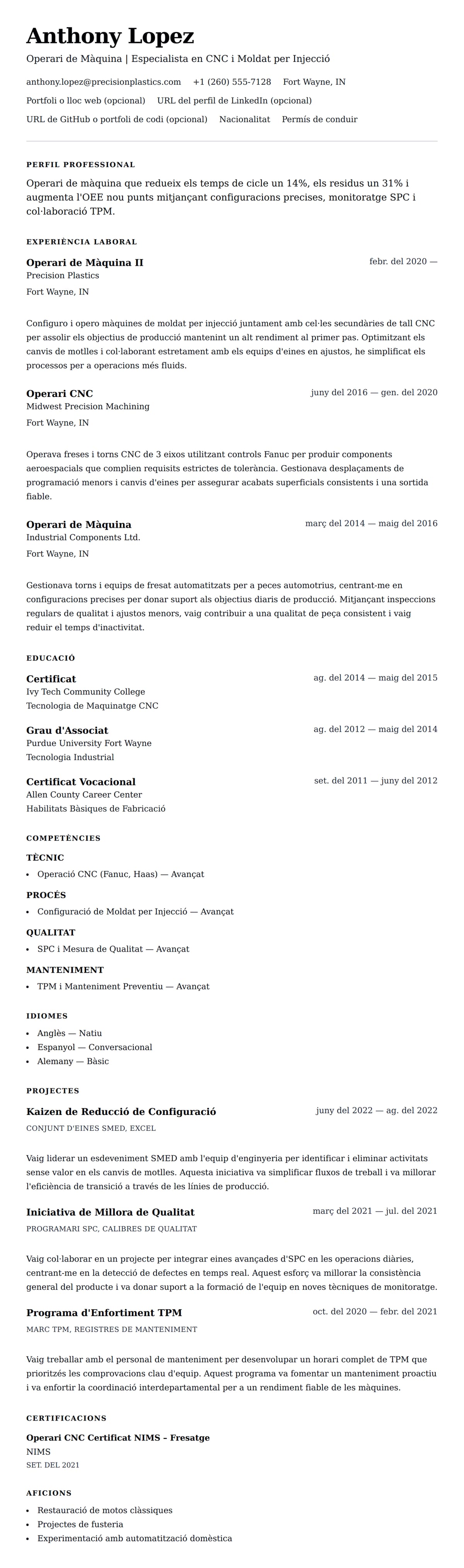 Previsualització del currículum per a Exemple de Currículum d'Operari de Màquina