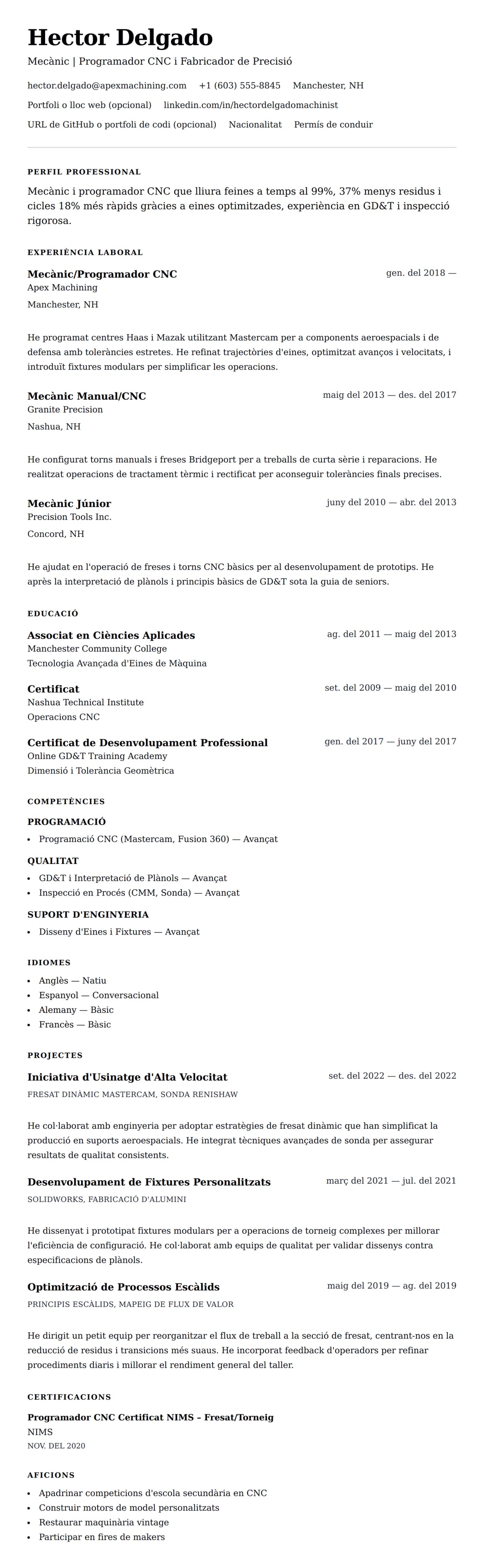 Previsualització del currículum per a Exemple de Currículum de Mecànic