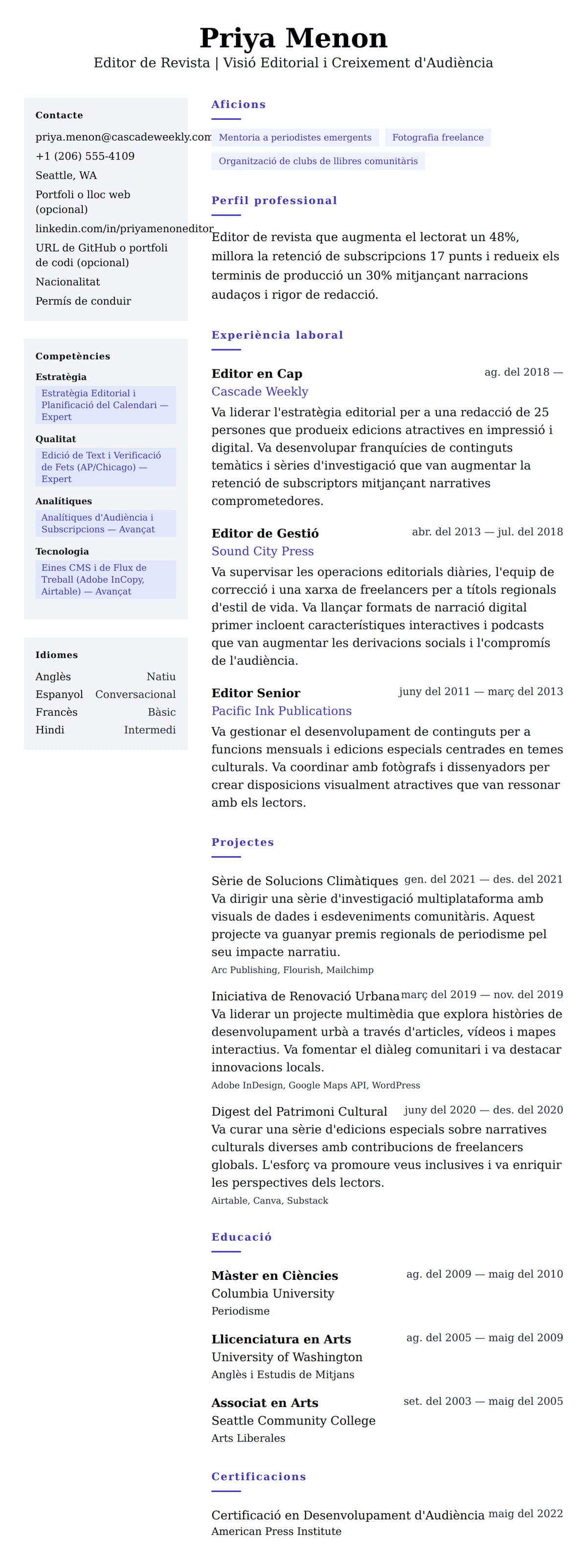 Previsualització del currículum per a Exemple de Currículum d'Editor de Revista