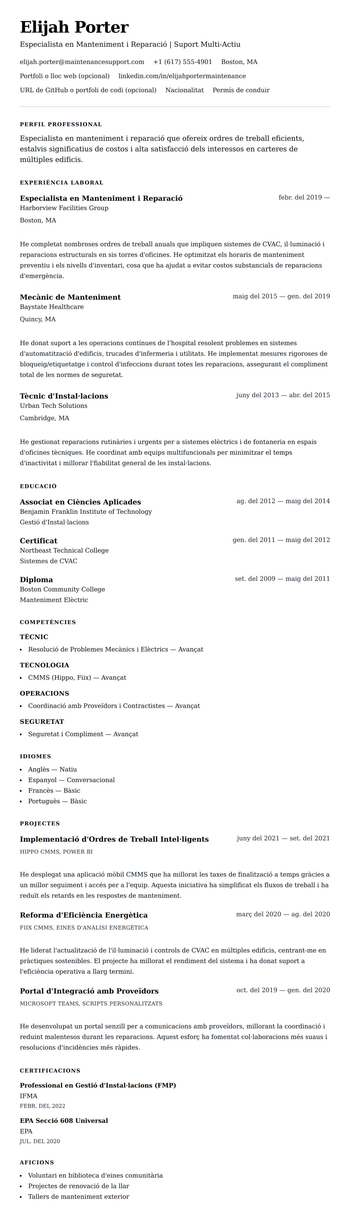 Previsualització del currículum per a Exemple de Currículum de Manteniment i Reparació