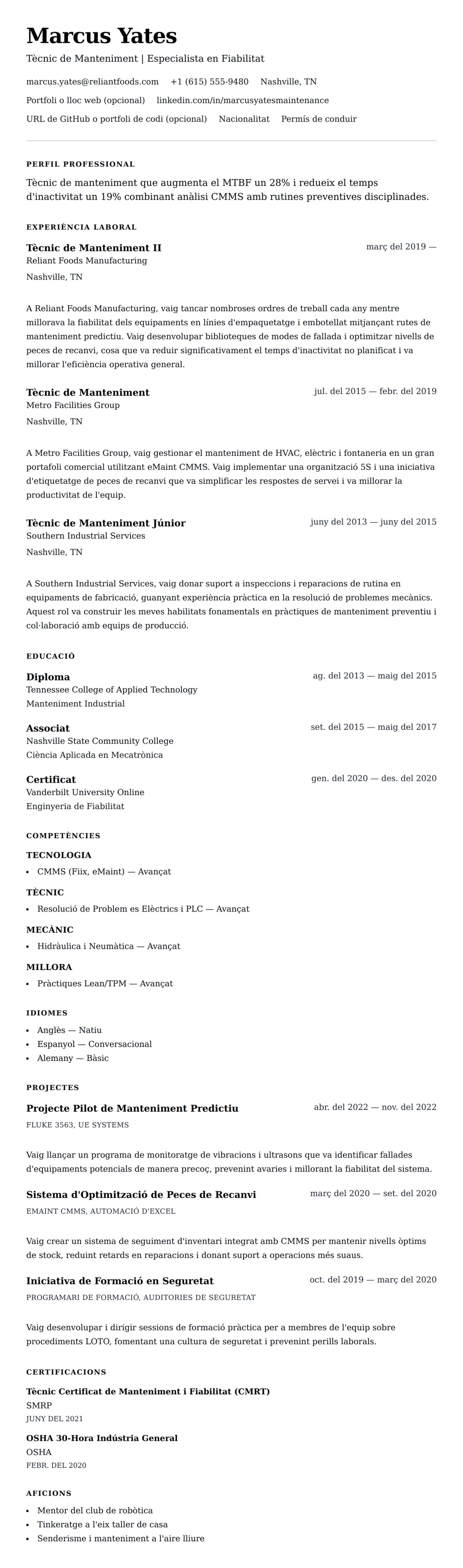 Previsualització del currículum per a Exemple de Currículum de Tècnic de Manteniment