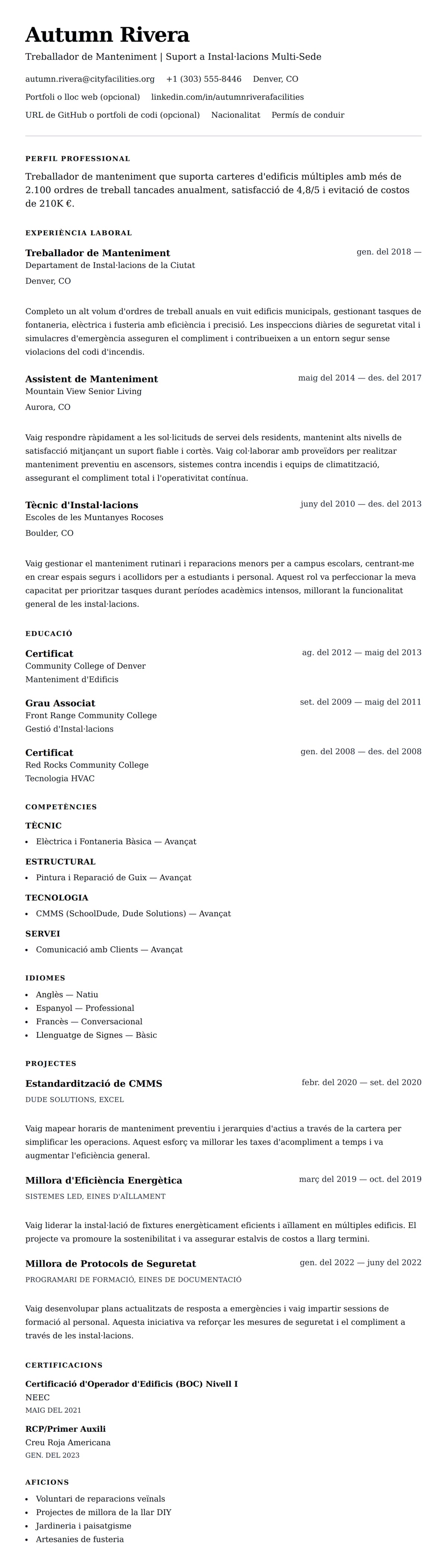 Previsualització del currículum per a Exemple de Currículum de Treballador de Manteniment